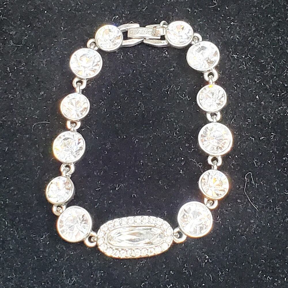 Givenchy Clear Rhinestone Silver Tone Bracelet 3.5" Signed Vtg - Picture 7 of 7